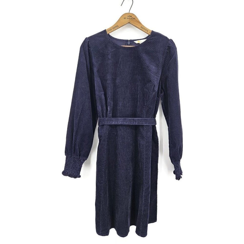New Boden Navy Blue Cord Dress Womens 10R Long Sleeve Mini Belted Pockets